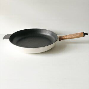 Vintage Enamel Cast Iron Fry Pan Skillet 11" White Wooden Handle